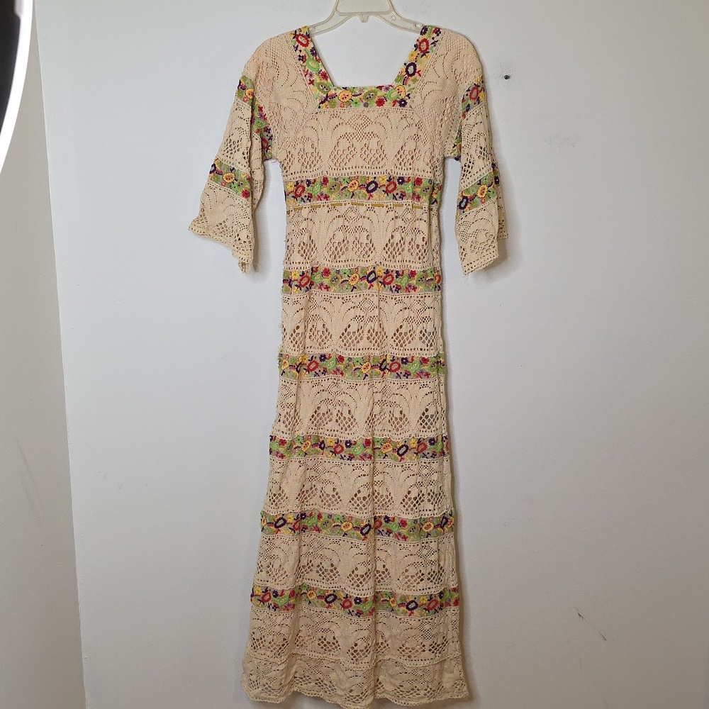 Vintage Floral Lace Maxi Dress - 60s 70s BOHO HIPPIE COTTAGE CORE xsmall OOAK - Picture 6 of 11